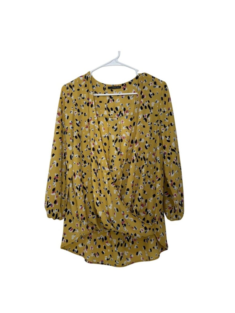 West Kei Women Yellow Floral V Wrap Blouse SZ L 3/4 Sleeve Front Elastic Waist